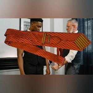 BCBG Handmade Imported Silk Reds & Gold Geometric Tie